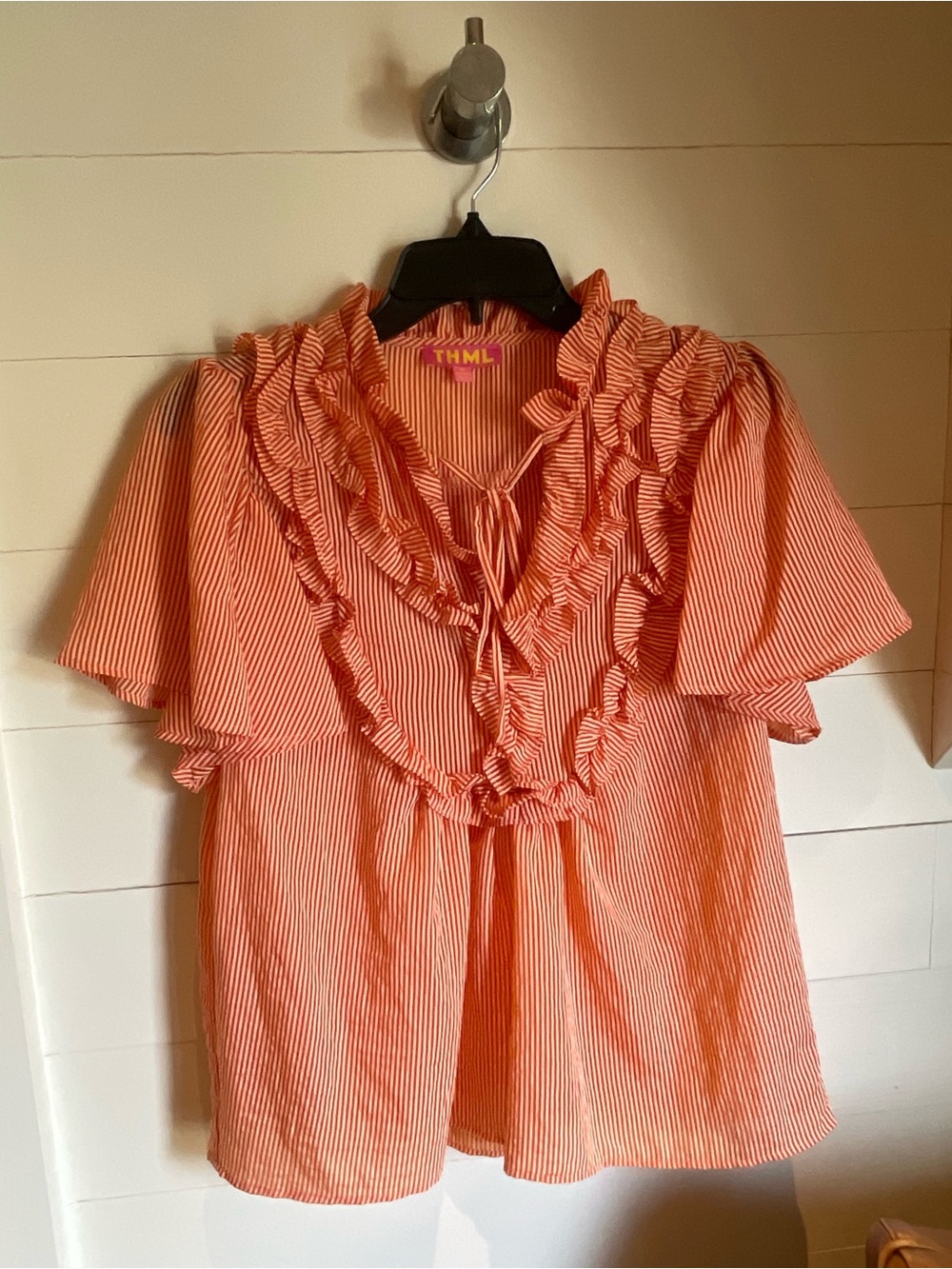 THML Coral and White Striped Ruffle Tie-Front Blouse